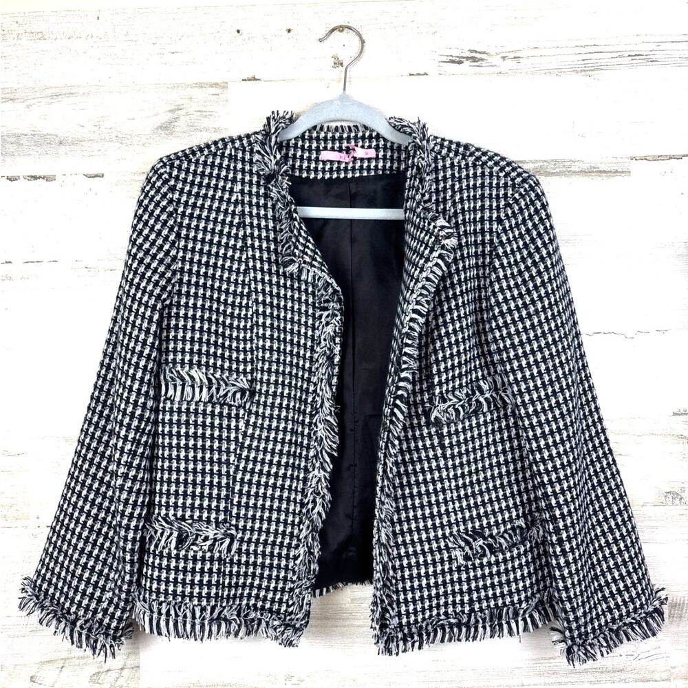 Vickie Vi Women 12 Black White Houndstooth Tweed Fringe Work Blazer Jacket